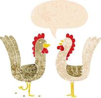 cartoon chickens and speech bubble in retro textured style vector