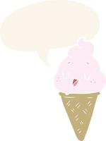 cute cartoon ice cream and speech bubble in retro style vector