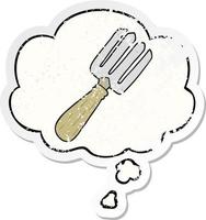 cartoon fork and thought bubble as a distressed worn sticker vector