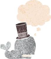cartoon whale wearing top hat and thought bubble in retro textured style vector