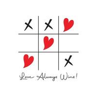 Tic Tac Toe Game with Red Heart and Cross Sign Mark In The Center Love card Flat Design Background Vector illustration