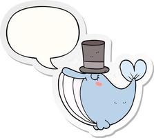 cartoon whale and top hat and speech bubble sticker vector