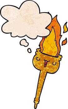 cartoon flaming torch and thought bubble in grunge texture pattern style vector