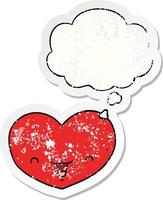 cartoon love heart character and thought bubble as a distressed worn sticker vector