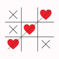 juego de tres en raya con corazón rojo y marca de cruz en el centro tarjeta de amor diseño plano fondo vector ilustración