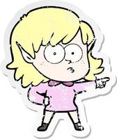 distressed sticker of a cartoon elf girl staring and pointing vector
