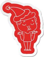 cartoon  sticker of a man talking and shrugging shoulders wearing santa hat vector