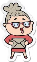 sticker of a cartoon happy woman wearing spectacles vector
