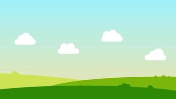 landscape cartoon scene with green trees on hills and white fluffy cloud in summer blue sky background vector