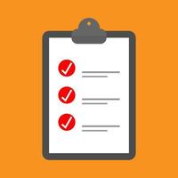 clipboard with white check mark sign on red circle and text symbol on white paper. checklist icon on orange color background vector