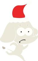 flat color illustration of a unsure elephant running away wearing santa hat vector