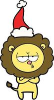 line drawing of a tired lion wearing santa hat vector