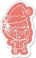 cartoon distressed sticker of a man crying wearing santa hat vector