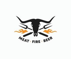 Bull Skull with Long Horn Logo. Skull Barbecue and Grill Logo Template. vector