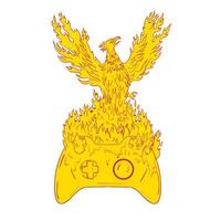 Phoenix Rising Fiery Flames Over Game Controller Drawing vector