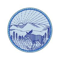 Moose River Flat Mountains Sunburst Circle Mono Line vector