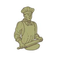 Baker Chef Rolling Pin Dough Mono Line vector