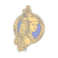 Athena with Owl on Shoulder Circuit Circle Mono Line vector