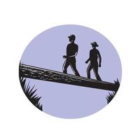 Excursionistas cruzando un solo puente de troncos xilografía ovalada vector