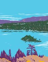 Fannette Island in Lake Tahoe within Emerald Bay State Park California WPA Poster Art vector