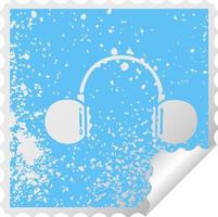 distressed square peeling sticker symbol retro headphone vector
