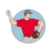 American Baseball Pitcher Throwing Ball Circle Drawing vector