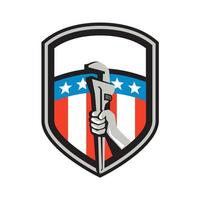 Plumber Hand Pipe Wrench USA Flag Shield Retro vector