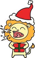 line drawing of a roaring lion with gift wearing santa hat vector