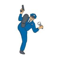 Policeman Gun Flashlight Torch Kicking Drawing vector