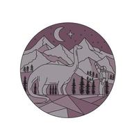 Astronaut Brontosaurus Mountain Moon Circle Mono Line vector