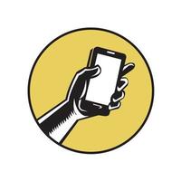 Hand Holding Smartphone Circle Woodcut vector