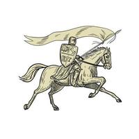 Knight Riding Horse Shield Lance Flag Drawing vector