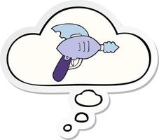 cartoon ray gun and thought bubble as a printed sticker vector