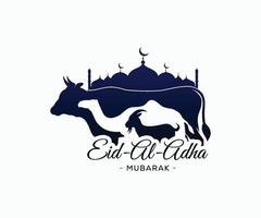 plantilla de eid al-adha mubarak. mezquita con plantilla de vaca camello toro cabra cordero eid al-adha. vector