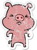 pegatina angustiada de un cerdo enojado de dibujos animados vector