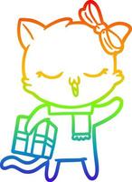 rainbow gradient line drawing cartoon girl cat with christmas present vector