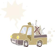 cartoon old truck full of junk and speech bubble in retro style vector