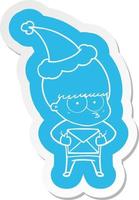 nervous cartoon  sticker of a boy wearing santa hat vector