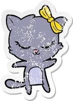 distressed sticker of a cute cartoon cat with bow vector