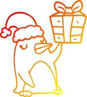 dibujo de línea de gradiente cálido pingüino de dibujos animados con regalo de navidad vector