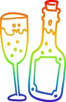 rainbow gradient line drawing cartoon champagne bottle and glass vector