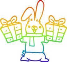 rainbow gradient line drawing cartoon rabbit with christmas presents vector