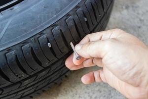 Screw in tyre stuck inside it, concept checked and removing photo