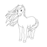 Cute horse. Farm animal. Coloring page for kids. Digital stamp. Cartoon style character. Vector illustration isolated on white background.