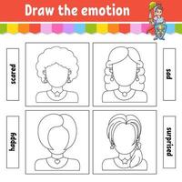 Draw the emotion. Worksheet complete the face. Coloring book for kids. Cheerful character. Vector illustration. Black contour silhouette. Isolated on white background.