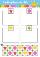 Sorting game. Shapes and colors. Cut and glue. Education developing worksheet. Game for kids. Color activity page. Puzzle for children. Cute character. Vector illustration. cartoon style.