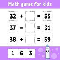 juego de matemáticas para niños. hoja de trabajo de desarrollo educativo. página de actividades con imágenes. juego para niños. Ilustración de vector aislado de color. personaje divertido. estilo de dibujos animados.