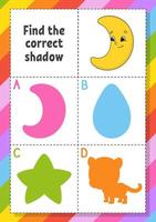 Find the correct shadow. Education developing worksheet for kids. Puzzle game. Activity page. cartoon character. Vector illustration.