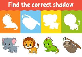 Find the correct shadow. Education worksheet. Matching game for kids. Color activity page. Puzzle for children. Animal theme. Isolated vector illustration.