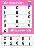 Finish the alphabet. ABC game for kids. Cut and glue. Education developing worksheet. Learning game for kids. Color activity page. vector